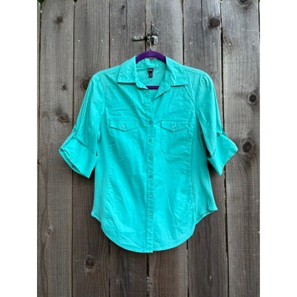 Grand and Greene Turquoise Teal Button Down Ribbed Side Shirt XL